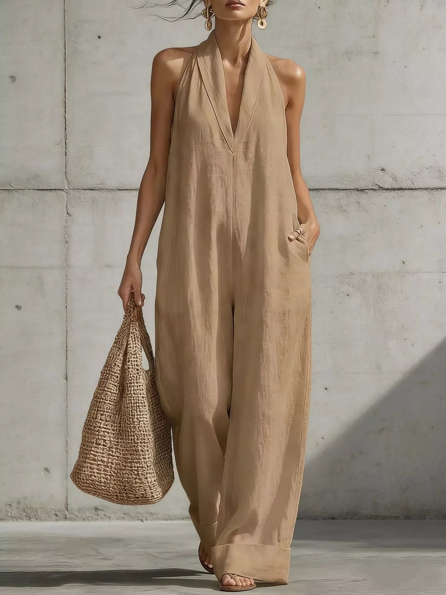 Plus size Trendsi halter neck jumpsuit with wide-leg design, full length, stylish and comfortable for casual or dressy occasions.