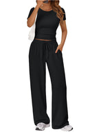Women's round neck short sleeve t-shirt and drawstring lounge set, comfortable 2-piece set from Trendsi, casual and stylish.