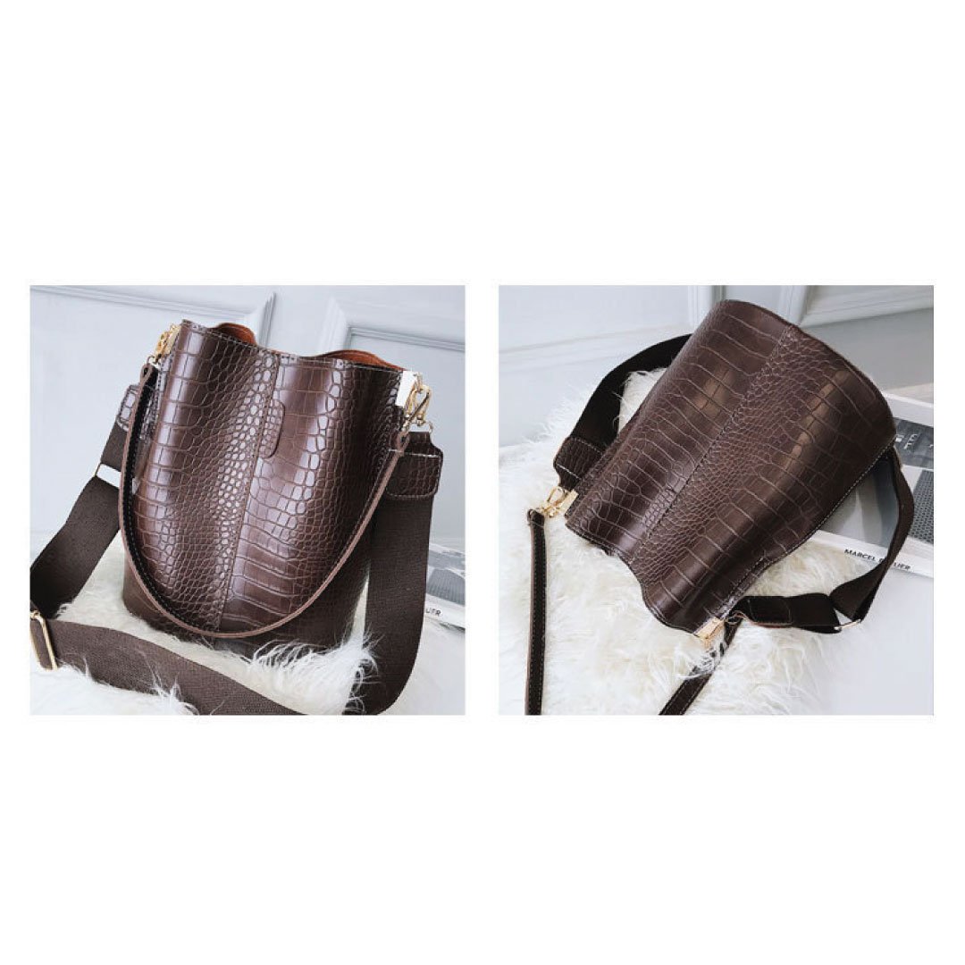 LadyShow.Store Blake Shoulder Bag in chocolate crocodile-embossed leather with sleek design and adjustable strap.