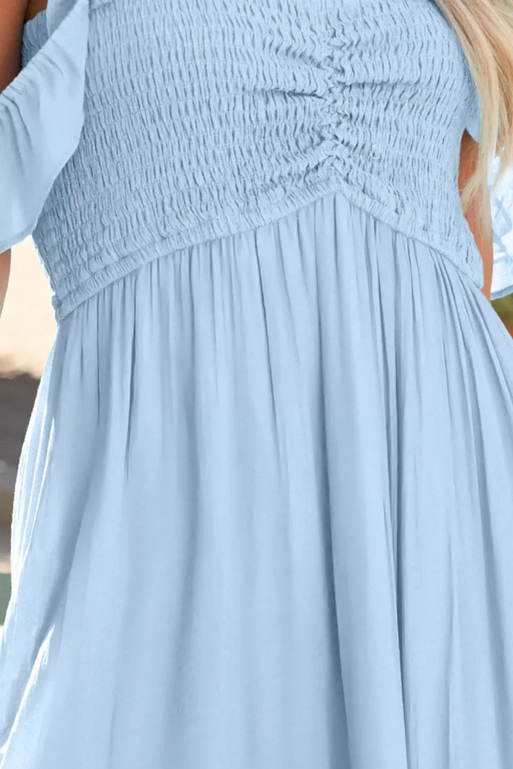 Off-shoulder ruched bust sheer slit maxi dress by Shopimist, featuring flowing fabric and elegant design for stylish occasions.