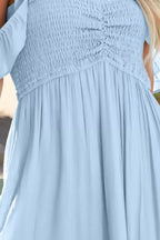 Off-shoulder ruched bust sheer slit maxi dress by Shopimist, featuring flowing fabric and elegant design for stylish occasions.