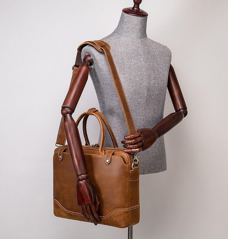 Plush Fashion Hub Crazy Horse leather men's briefcase with sturdy handle and sleek design, ideal for professional use.