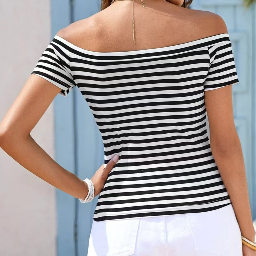 Ladies' off-shoulder striped casual top by FitiqueFit, featuring one shoulder design and comfortable fit.