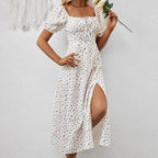 FitiqueFit square neck floral print maxi dress with puff sleeves and side slit, perfect for casual wear