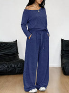 Plus size Trendsi loose fit one-shoulder T-shirt and pants set, featuring comfortable, relaxed-fit pants in a full-size fashion style.