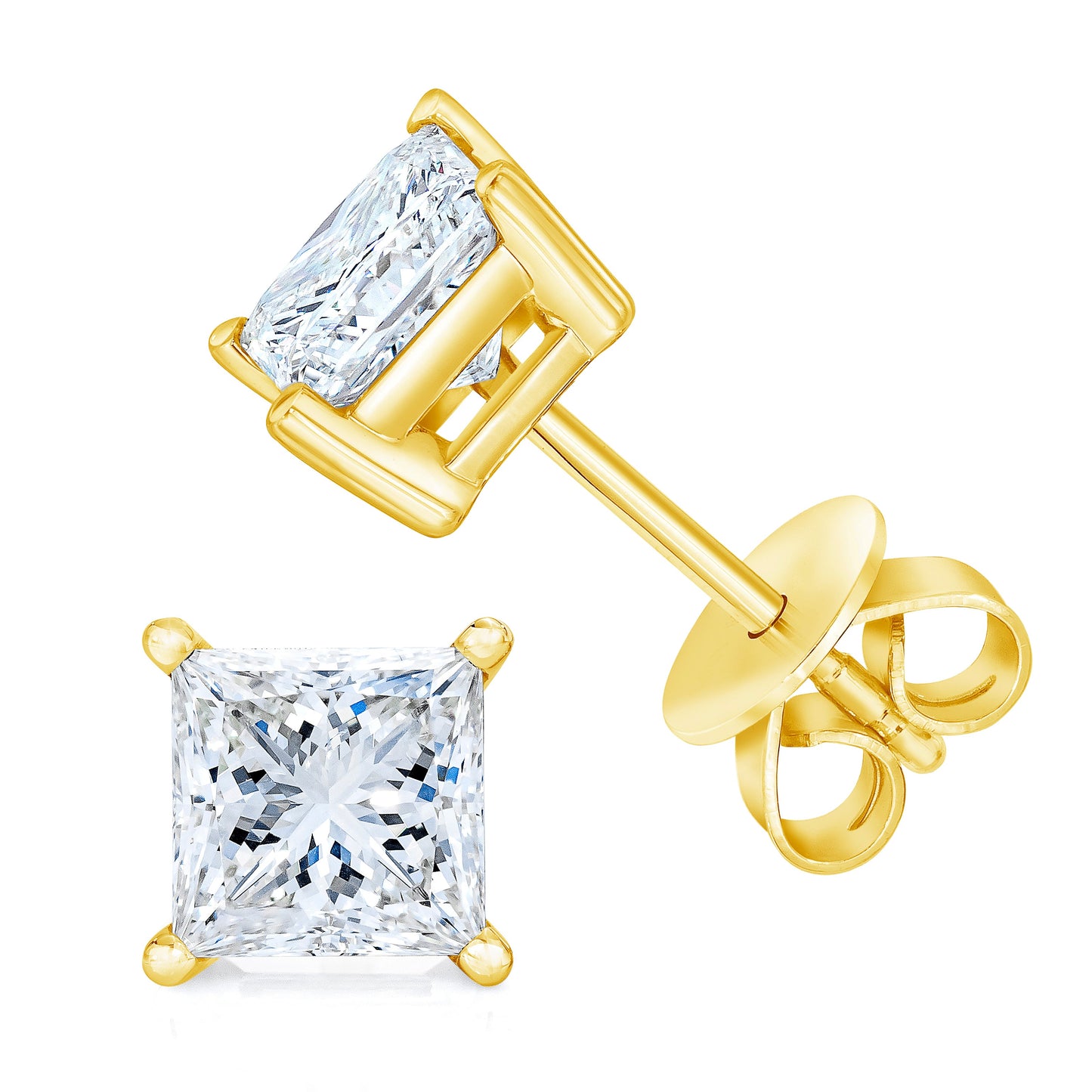 14K yellow gold princess-cut diamond stud earrings with near colorless I-J color, 1/5 Cttw, classic 4-prong setting, Plush Fashion Hub