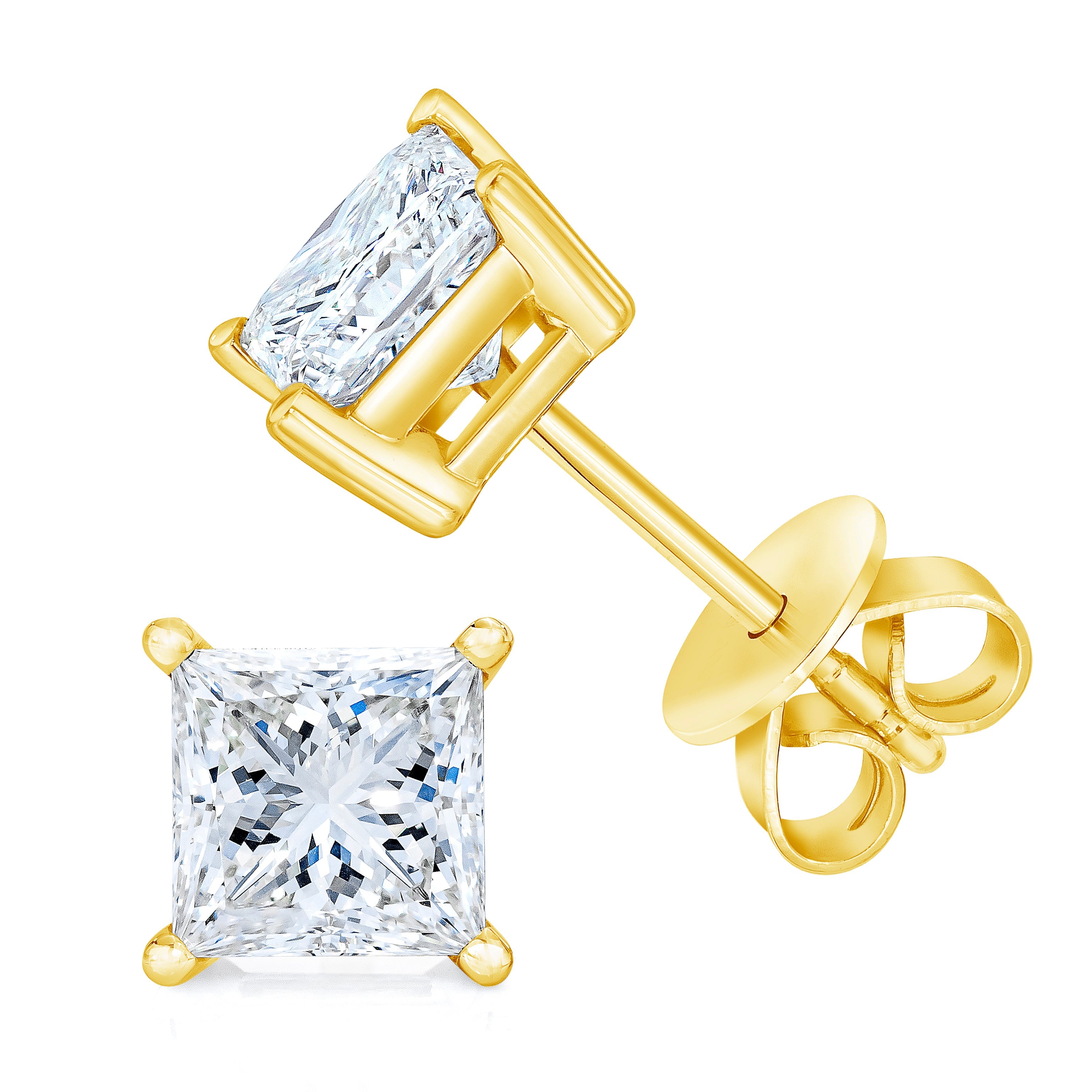 14K yellow gold princess-cut diamond stud earrings with near colorless I-J color, 4-prong setting, I2-I3 clarity, classic jewelry piece