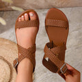 Shopimist woven strap buckle sandals with leather straps and buckles, featuring a comfortable flat sole and stylish design.