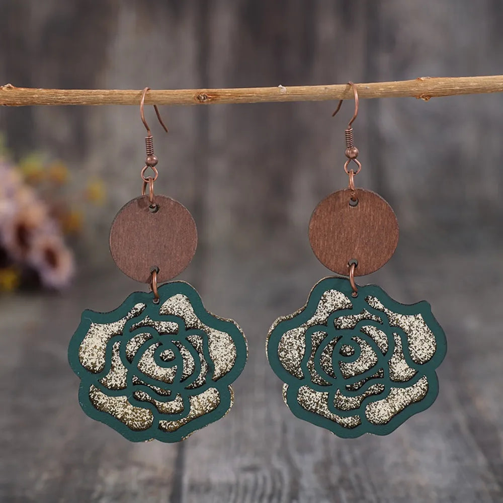 Wooden alloy rose-shaped dangle earrings with floral design, stylish jewelry for women, featuring a delicate rose motif.