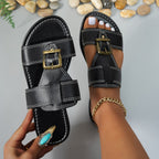 Open toe buckle accent sandals by Shopimist featuring stylish straps and a comfortable sole for warm-weather wear.