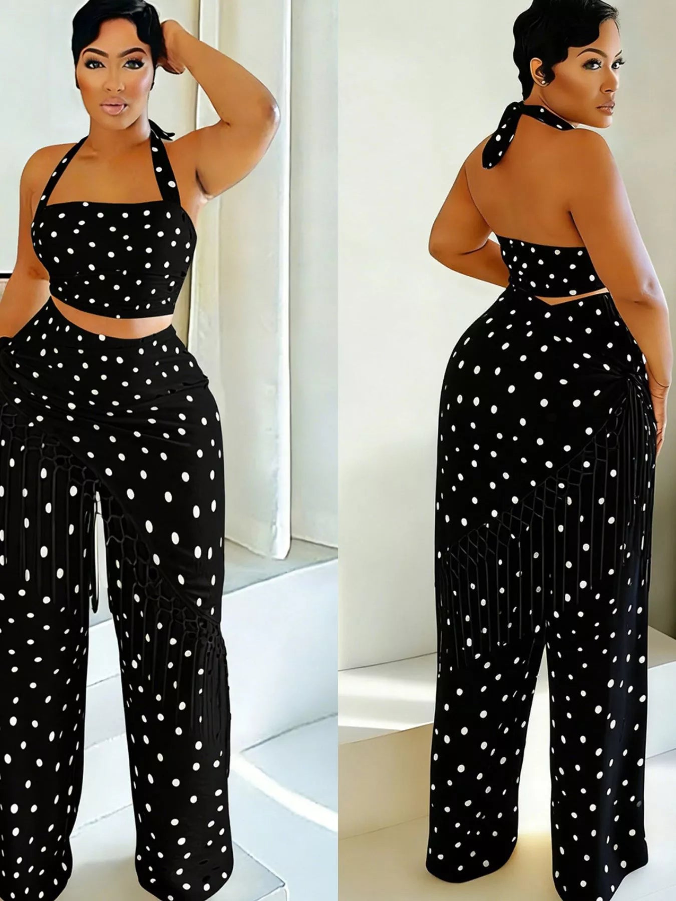 Polka dot halter neck cami with fringe trim pants set by Trendsi, featuring rings detail and stylish coordinated ensemble.