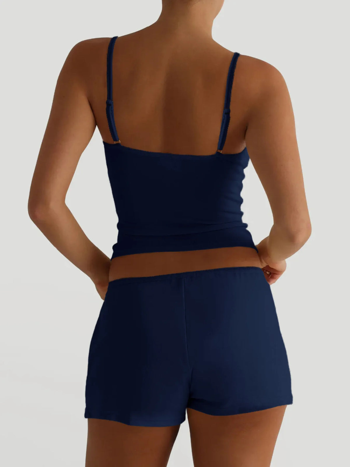 Plush Fashion Hub plush V-neck active cami and matching shorts set, soft fabric, perfect for workout or casual wear.
