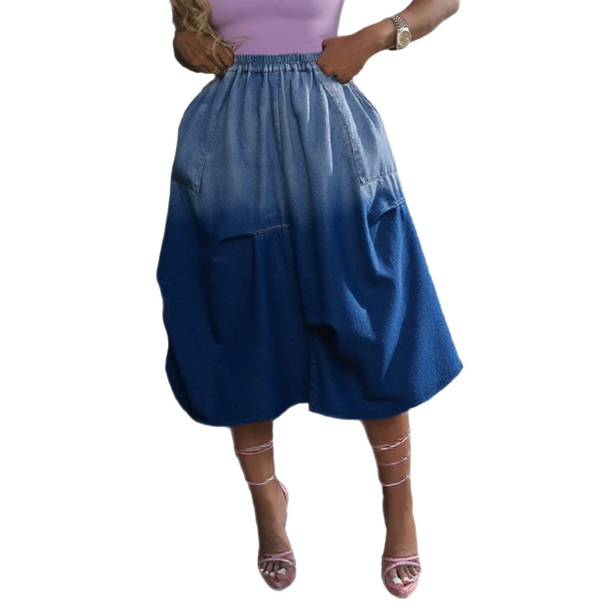 Washed gradient elastic waist denim skirt by eprolo featuring a stylish, casual design with a fitted waistband and denim fabric.