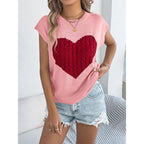 Women’s heart color block knit top by Plush Fashion Hub, casual sleeveless Valentine tank in vibrant pink and red knit fabric.
