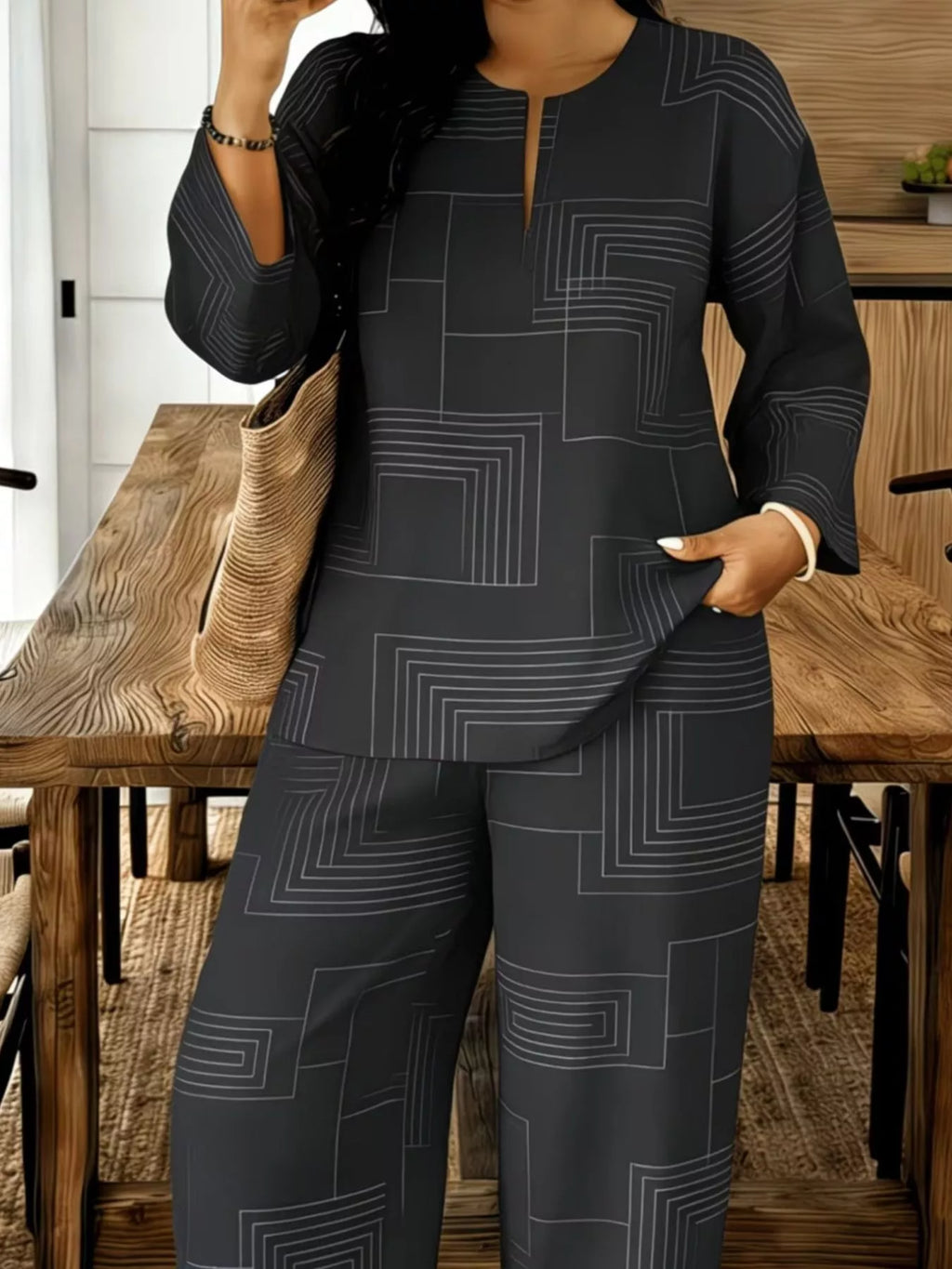 Shopimist geometric print relaxed fit top and pants set, featuring bold patterns and comfortable casual style.