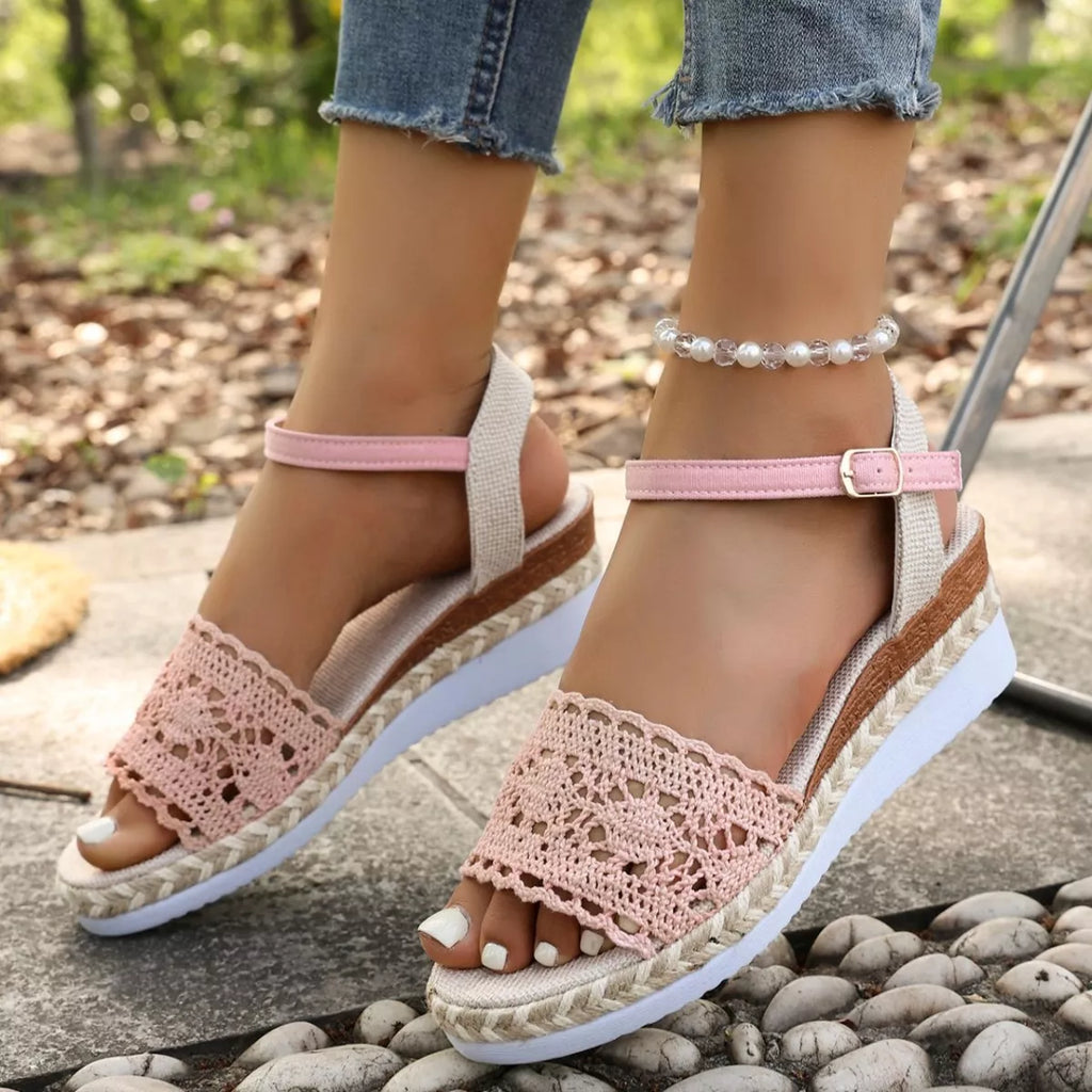 Women's crochet espadrille platform sandals with mid-heel design, trendy summer shoes featuring woven details and comfortable sole.