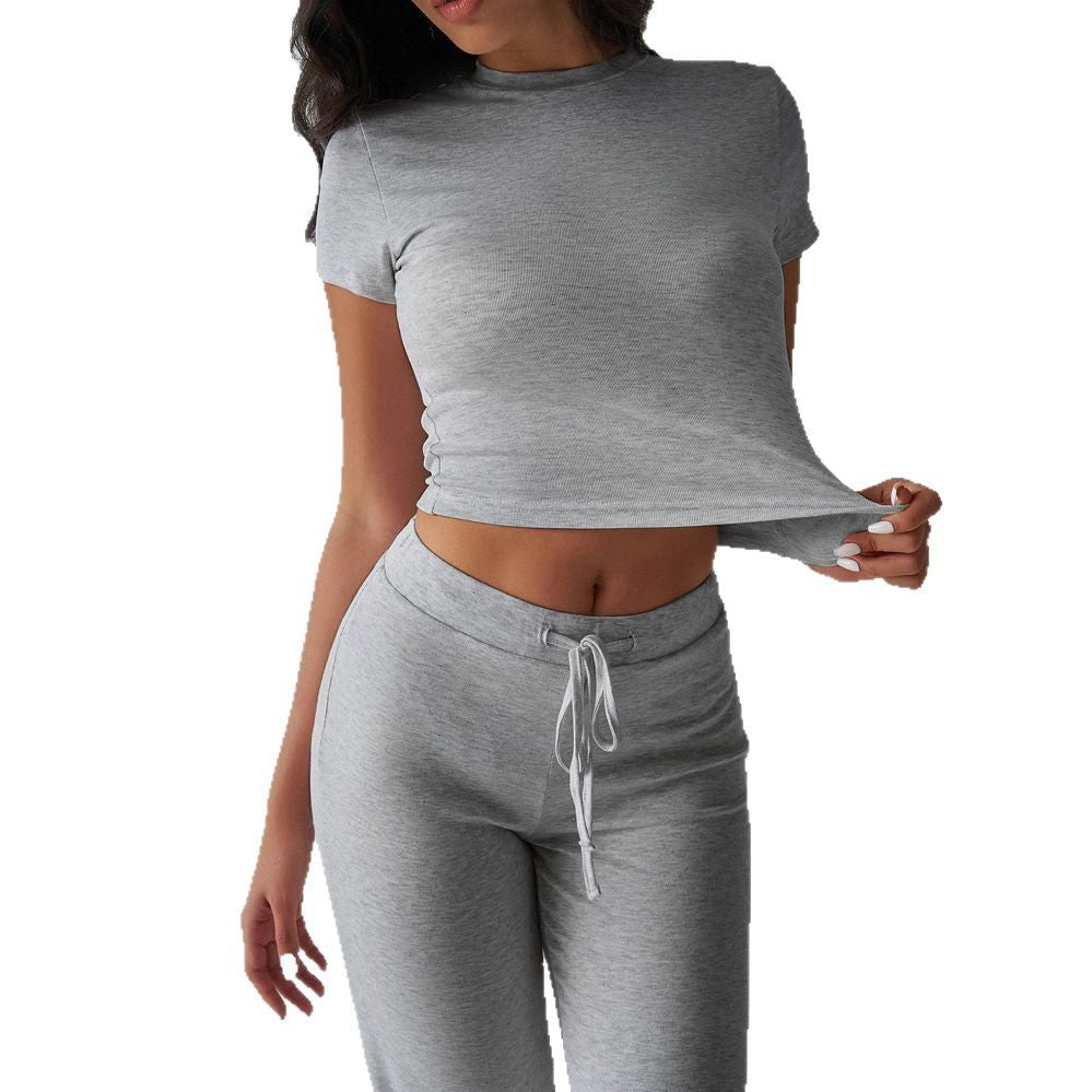 FitiqueFit crew neck short sleeve top and full-length pants set in solid color, shown in multiple color options.