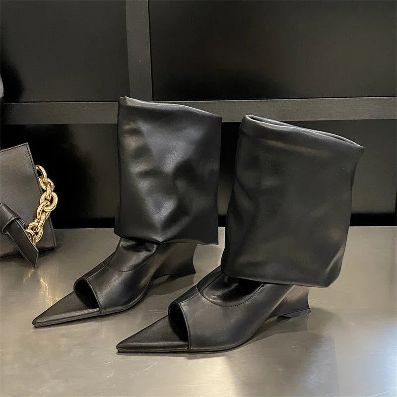 Elegant Plush Fashion Hub peep-toe wedge boots with a stylish design and comfortable wedge heel, ideal for fashionable footwear.