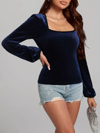 Square neck long sleeve velvet top from Trendsi, featuring a fitted design and soft velvet fabric in a stylish silhouette.
