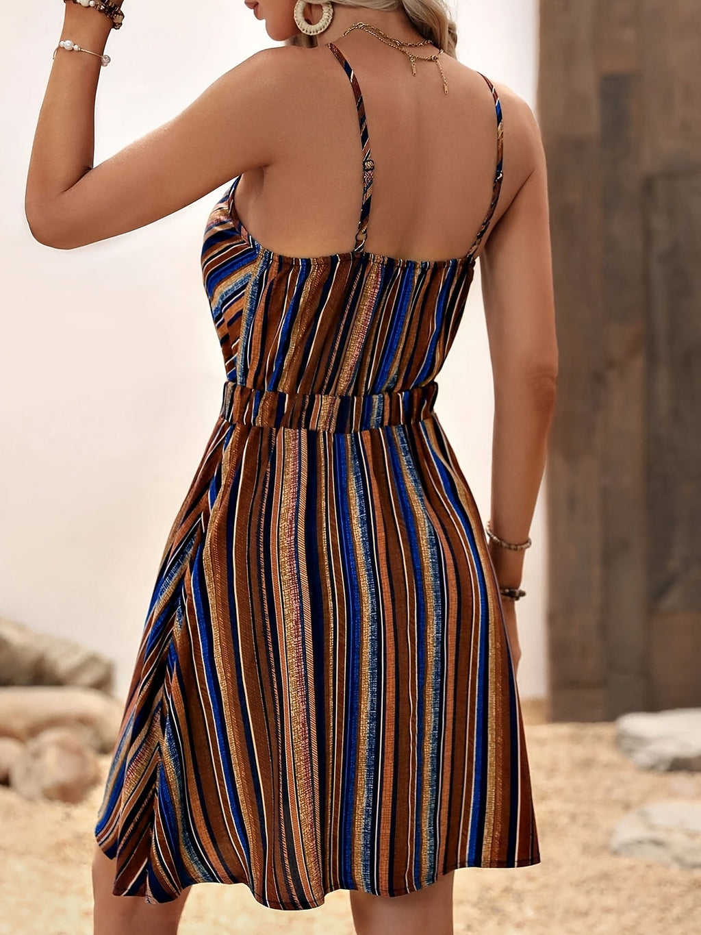 Women’s deep V-neck striped slip dress by FitiqueFit, casualwear style, featuring a relaxed fit and sleeveless design.