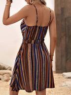 Women’s deep V-neck striped slip dress by FitiqueFit, casualwear style, featuring a relaxed fit and sleeveless design.