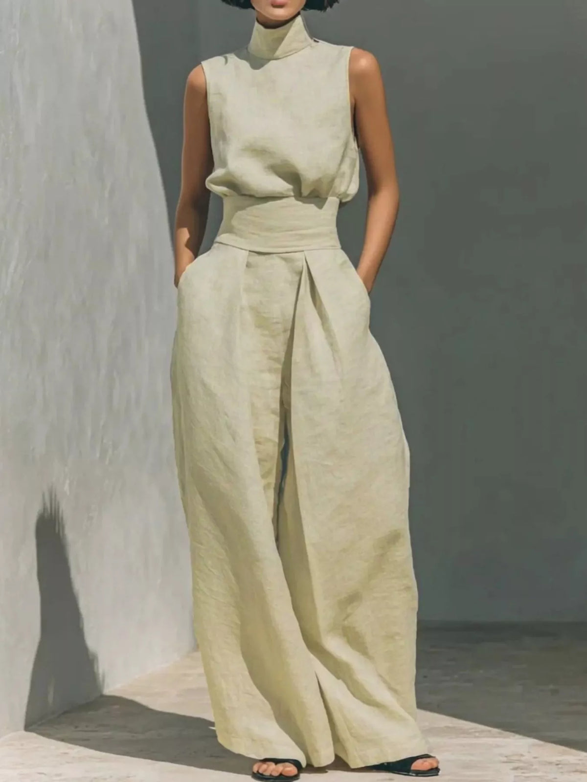 Plush Fashion Hub sleeveless turtleneck top and wide-leg pants set, soft plush fabric, stylish and comfortable women's fashion ensemble.