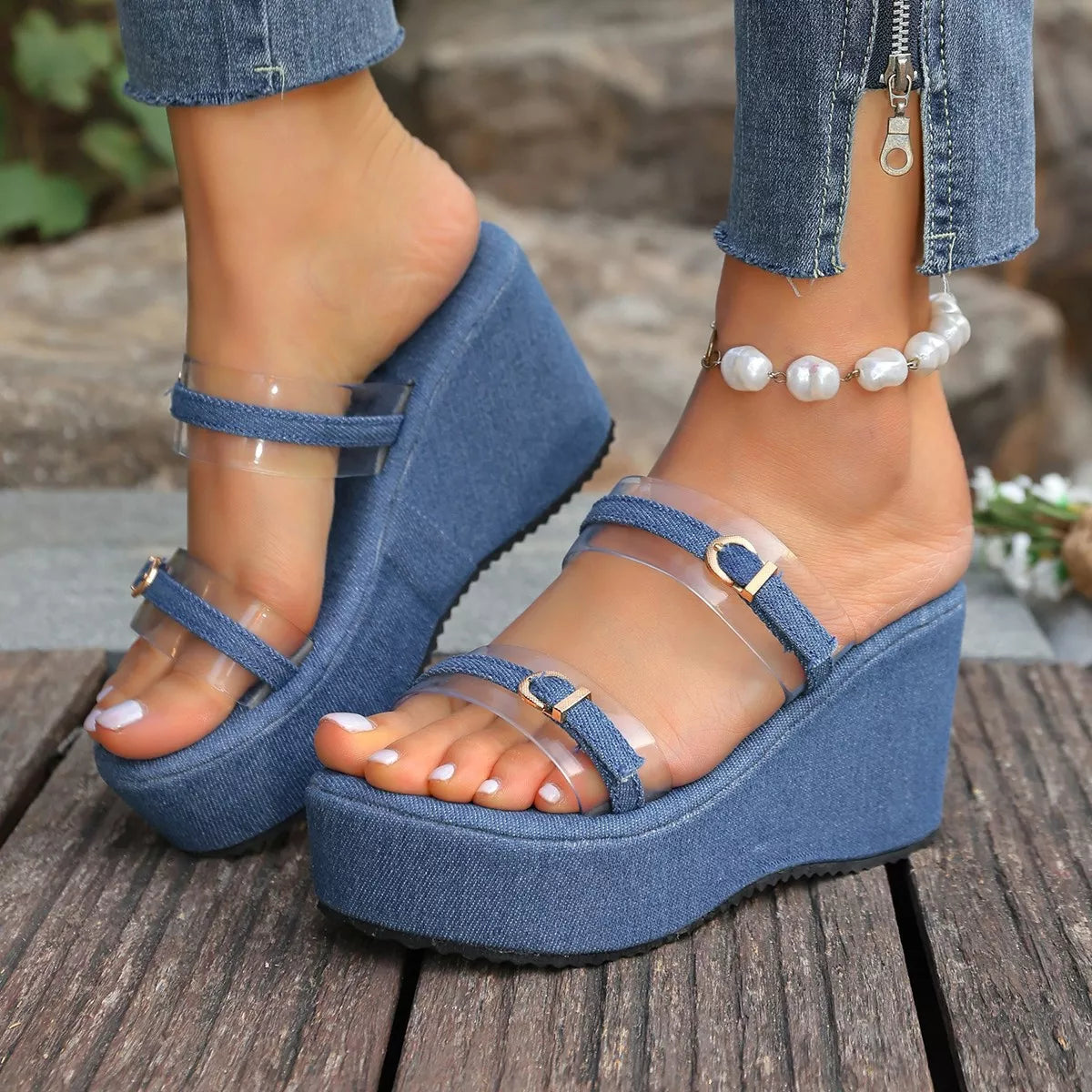 Plush Fashion Hub denim wedge sandals with clear straps, stylish footwear for casual or dressy summer looks.