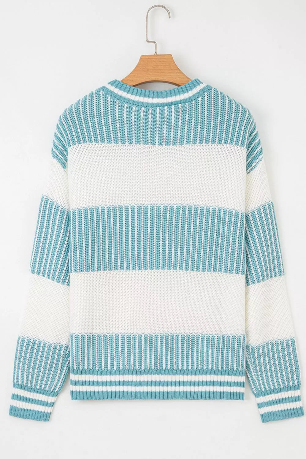 Two-tone striped patchwork drop shoulder loose sweater by Simply Love featuring multicolor knit and relaxed fit.