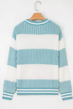 Two-tone striped patchwork drop shoulder loose sweater by Simply Love featuring multicolor knit and relaxed fit.