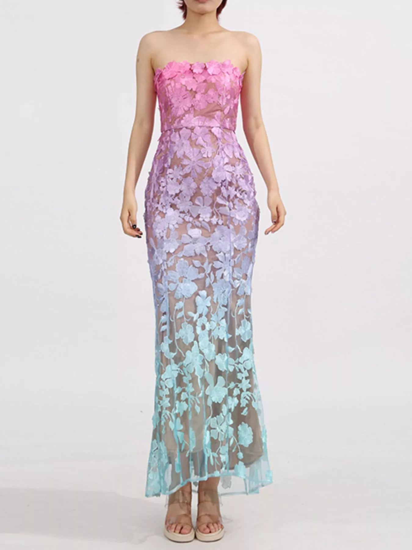 Floral embroidered tube maxi dress by Shopimist featuring vibrant flower patterns and a fitted, floor-length design.