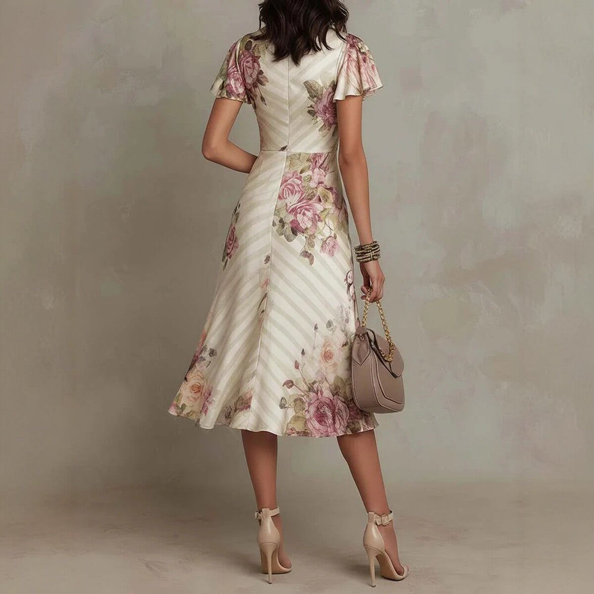 Plush Fashion Hub ruffled hem maxi dress with V-neck satin fabric and color block design, featuring an A-line silhouette.