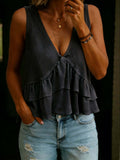LadyShow women's solid-colored V-neck sleeveless top with ruffled details, perfect for spring and summer wear.