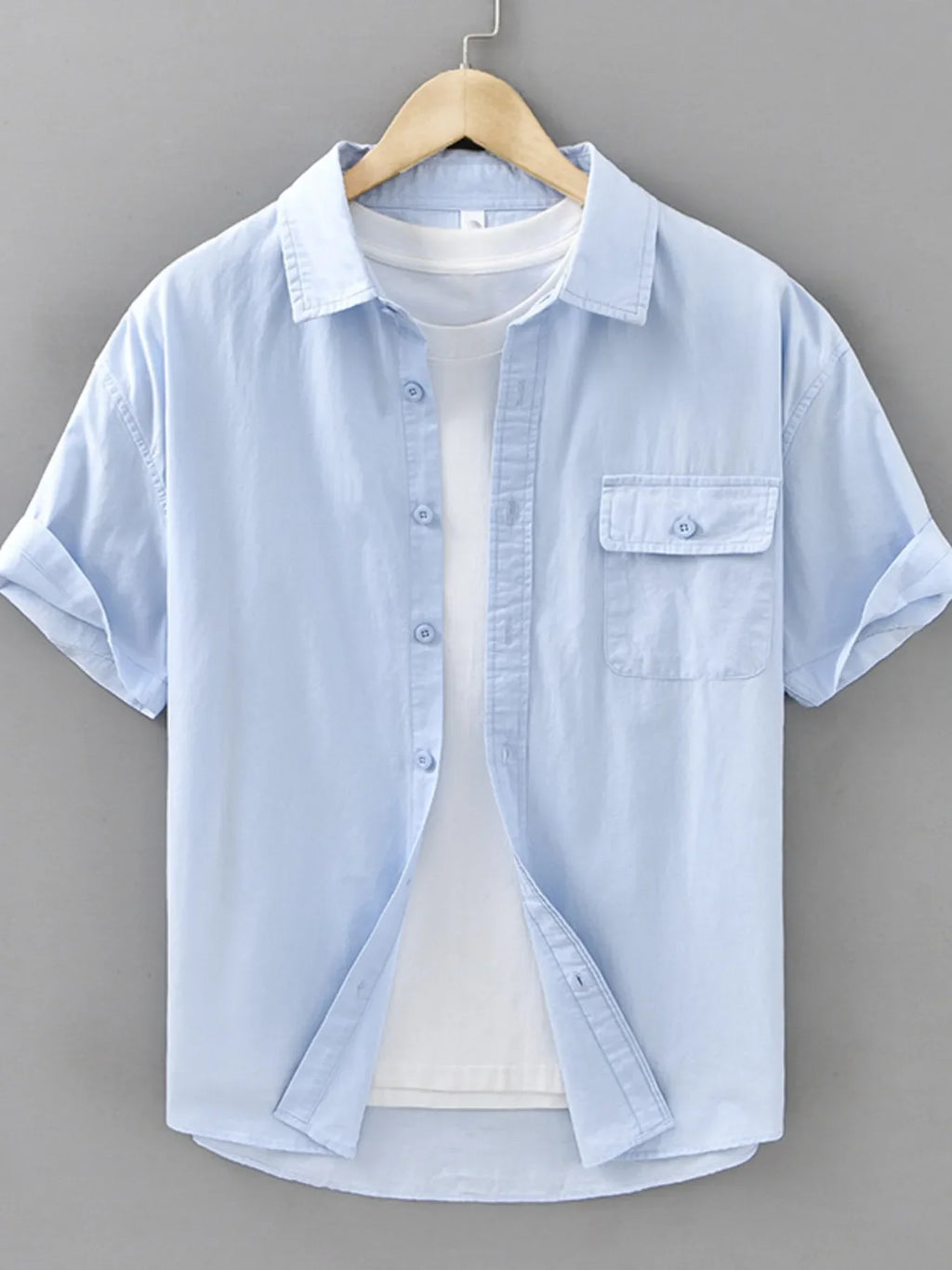 Men's plus size short sleeve button-up shirt by Shopimist, showing a casual men's shirt with a collar and button front.