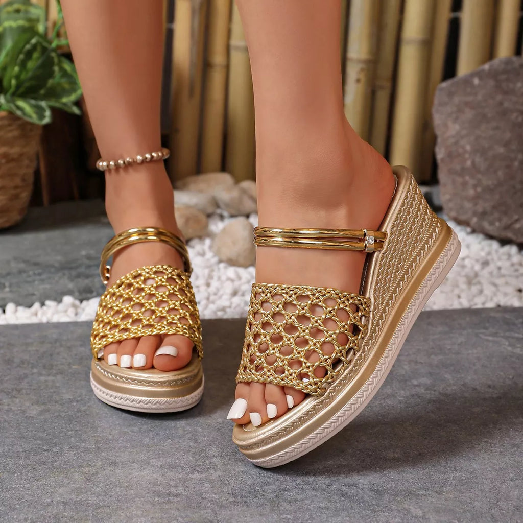 Open toe wedge sandals by Shopimist featuring a tan leather strap and cork platform for casual summer wear.