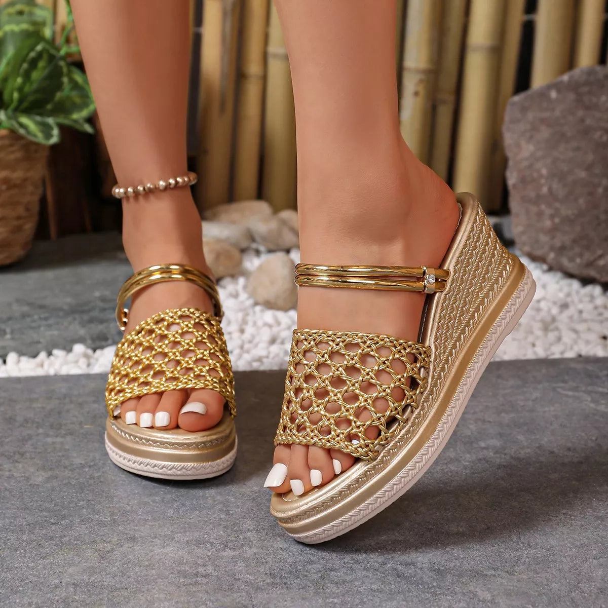 Open toe wedge sandals by Shopimist featuring a tan leather strap and cork platform for casual summer wear.