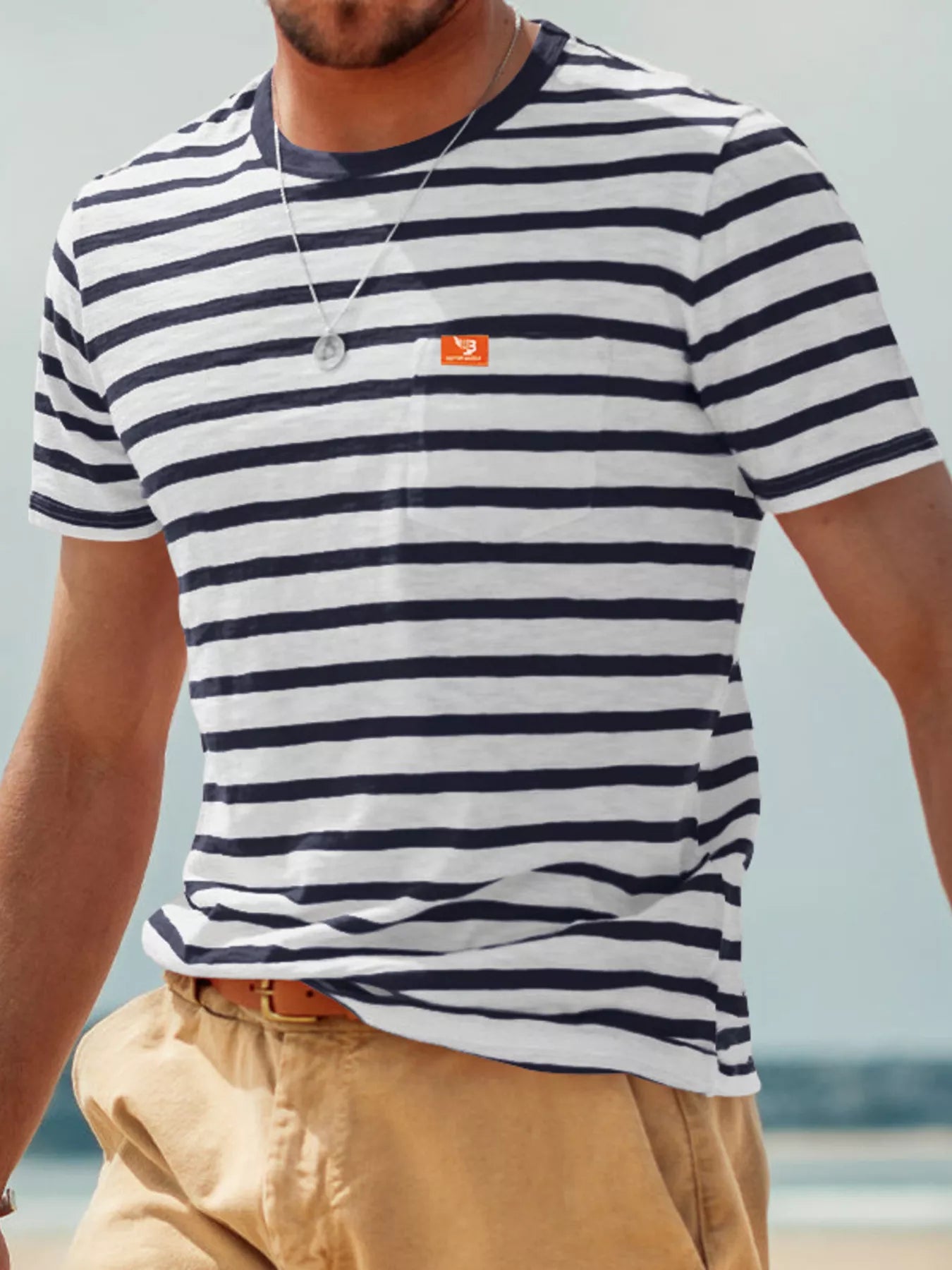 Men's plus size striped pocket short sleeve T-shirt by Plush Fashion Hub, featuring a casual fit and stylish design.