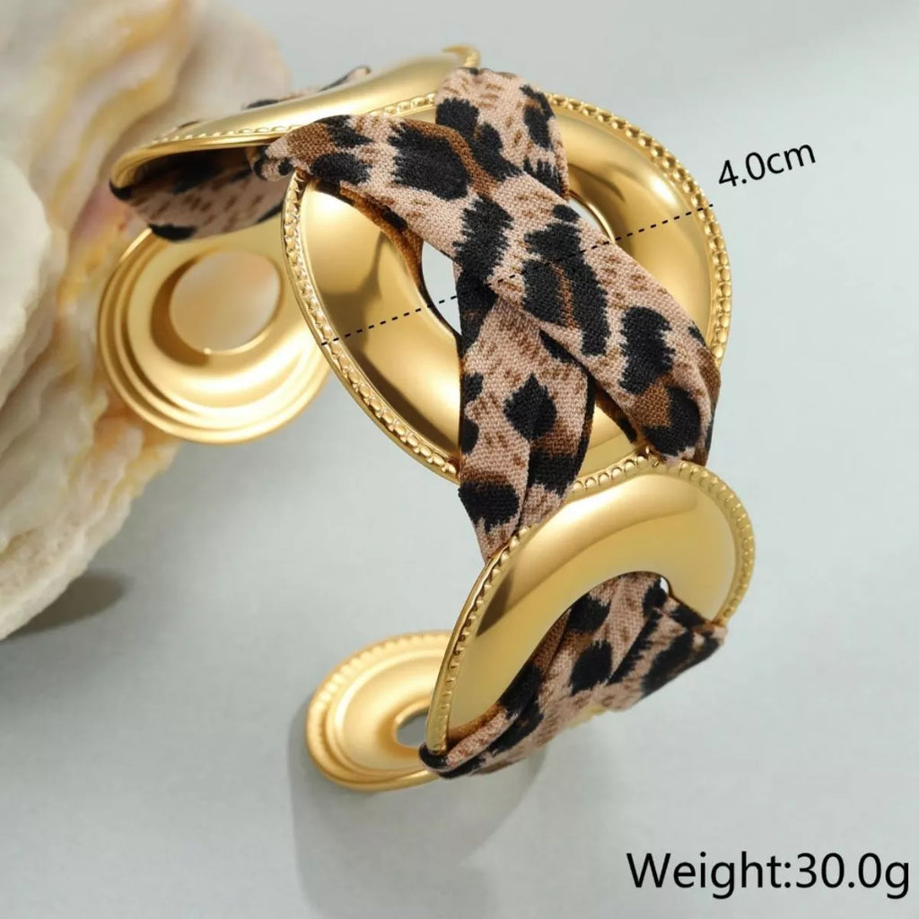 Leopard ribbon 18K gold-plated open bracelet with animal print design from Shopimist, showcasing elegant jewelry styling.