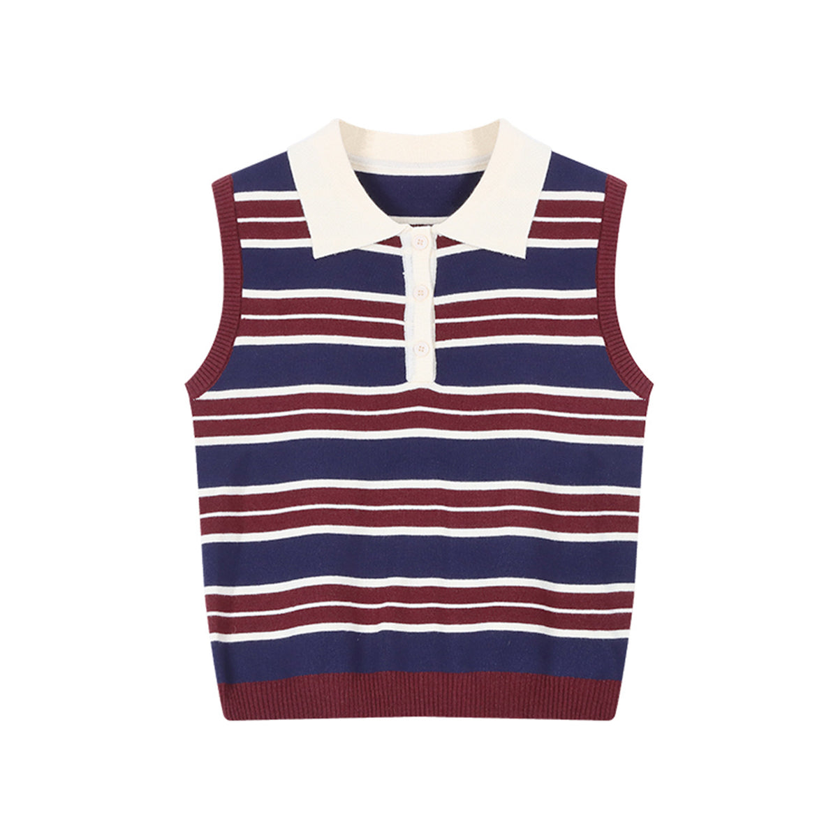 Color-blocked striped knit vest for women by eprolo, featuring vibrant color blocks and a stylish sleeveless design.