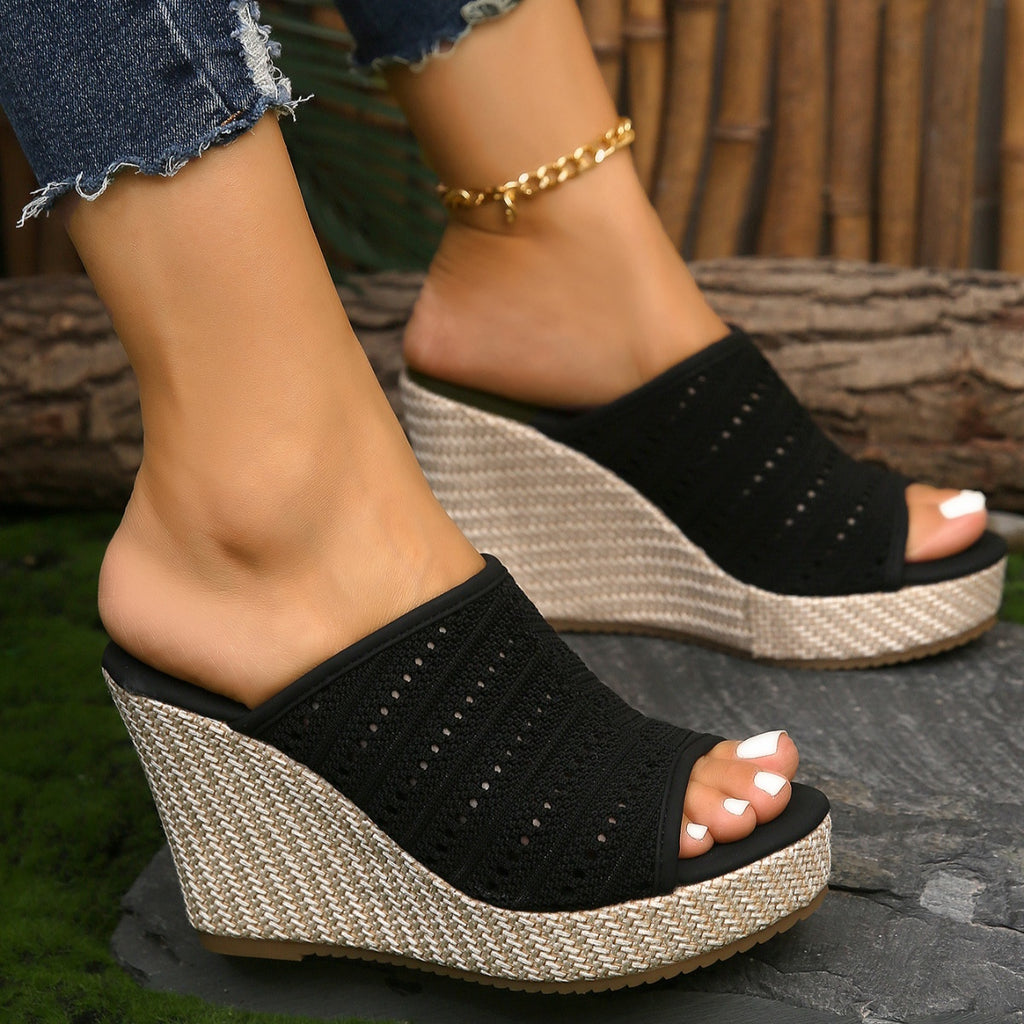 Women's mesh open toe wedge sandals by Trendsi featuring high heels and stylish comfort design with breathable mesh material.