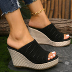 Women's mesh open toe wedge sandals by Trendsi featuring high heels and stylish comfort design with breathable mesh material.