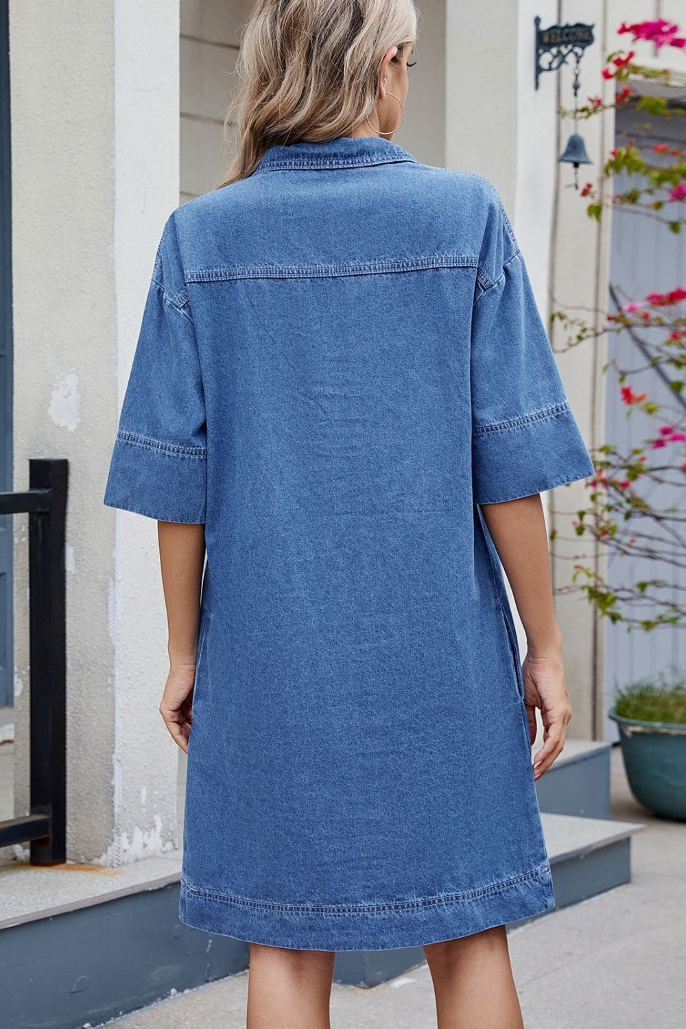 VYSN Johnny Collar Half Sleeve Denim Dress with button detail, casual fashion, front view showing collar and fit