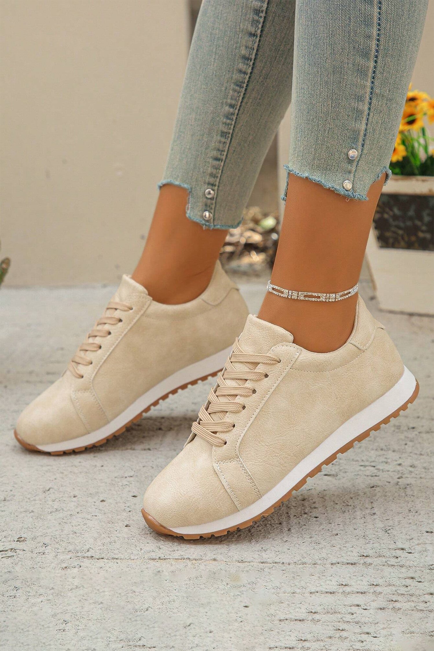 Womens Wren Suede Lace Up Sneakers by Threaded Pear showing beige suede material and white rubber soles.
