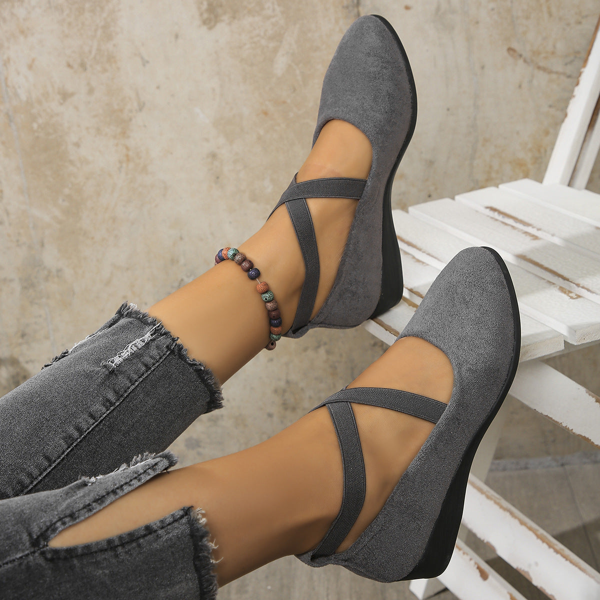 FitiqueFit elastic band platform wedge pumps in EU sizes 35-43, stylish heels with supportive straps and chunky heel design.