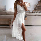 Elegant women's lace v-neck sleeveless jumpsuit in casualwear style by Plush Fashion Hub, shown in a relaxed, stylish fit.