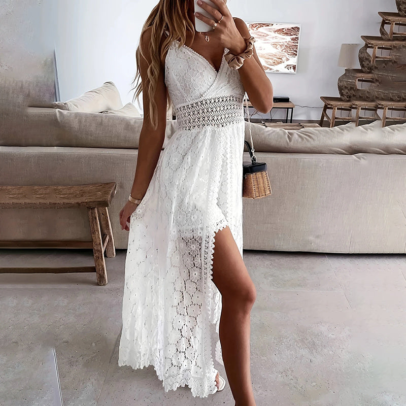 Elegant women's lace v-neck sleeveless jumpsuit in casualwear style by Plush Fashion Hub, shown in a relaxed, stylish fit.