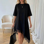 Women's lace trim asymmetric three-quarter sleeve dress by Plush Fashion Hub, showing the elegant neckline and flowing hem.