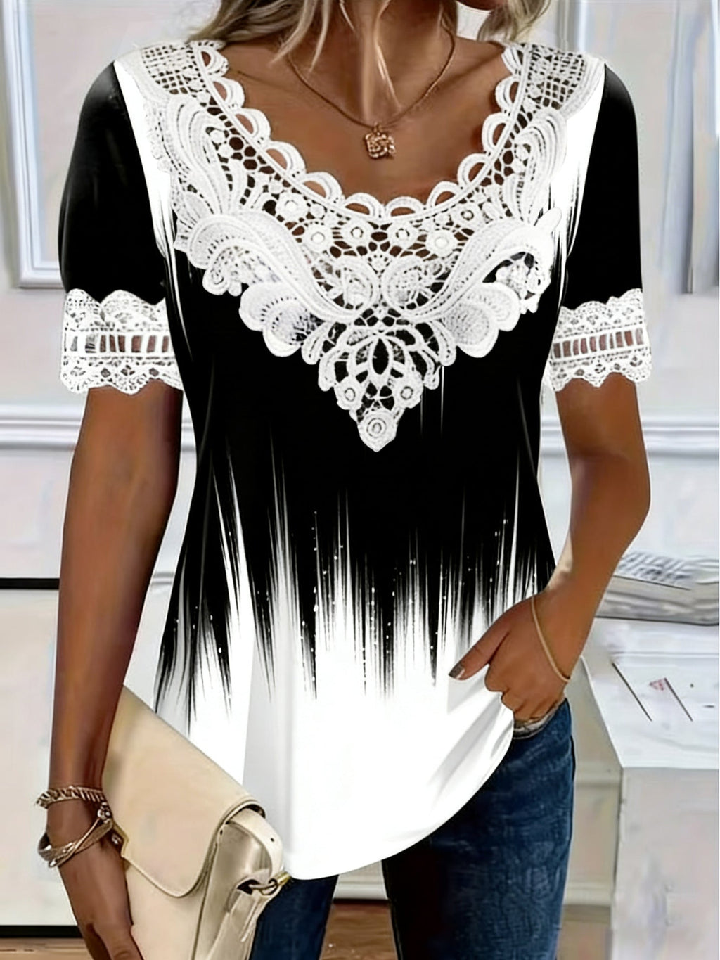 Women's lace patchwork crew neck short sleeve T-shirt by FitiqueFit, featuring lace details and casual fit.