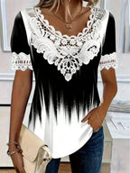 Women's lace patchwork crew neck short sleeve T-shirt by FitiqueFit, featuring lace details and casual fit.