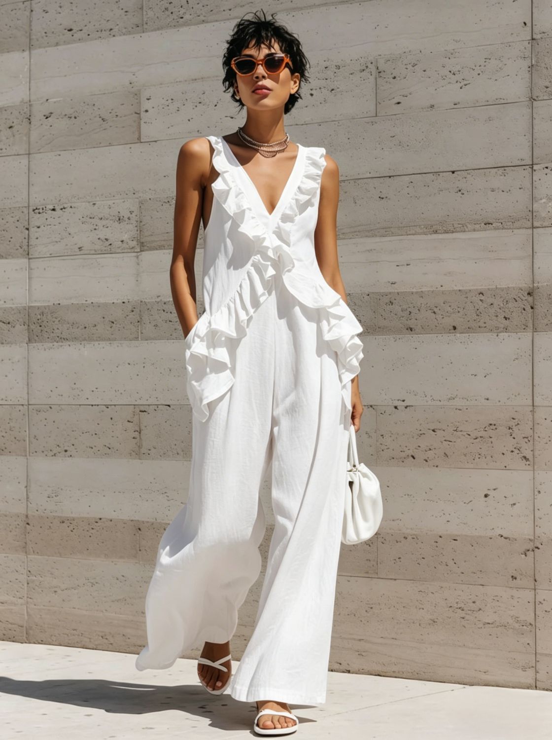 Eprolo women's sleeveless V-neck solid color jumpsuit in casual vacation style, displayed on a model.