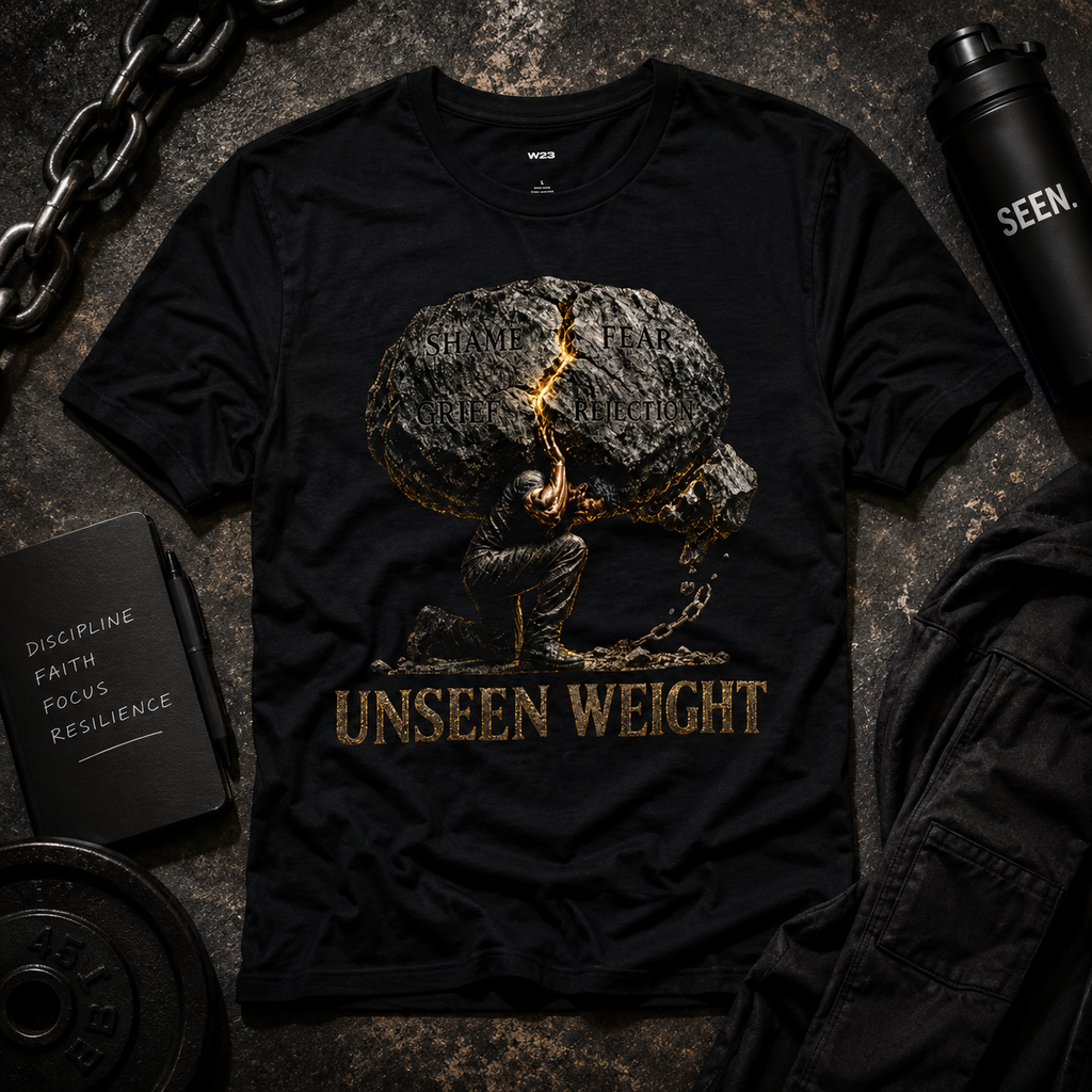 Wear Your Worship Unseen Weight graphic T-shirt from the SEEN: Unmasked Collection, featuring bold design on a casual black tee.